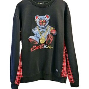 Bleecker & Mercer Teddy Bear Embroidered Sweatshirt 2X Black Plaid Streetwear